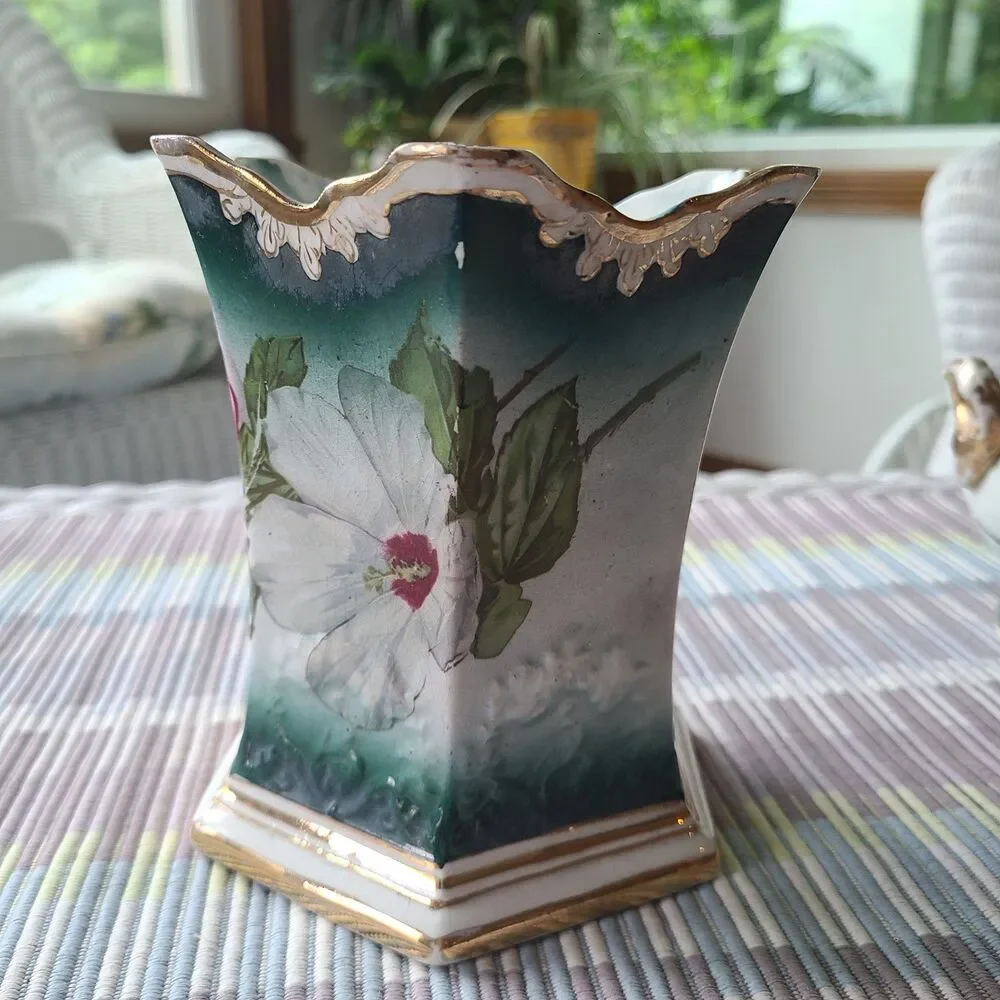 W.P. La Belle China Antique Hand Painted Porcelain Vase & Jardiniere Planter Set